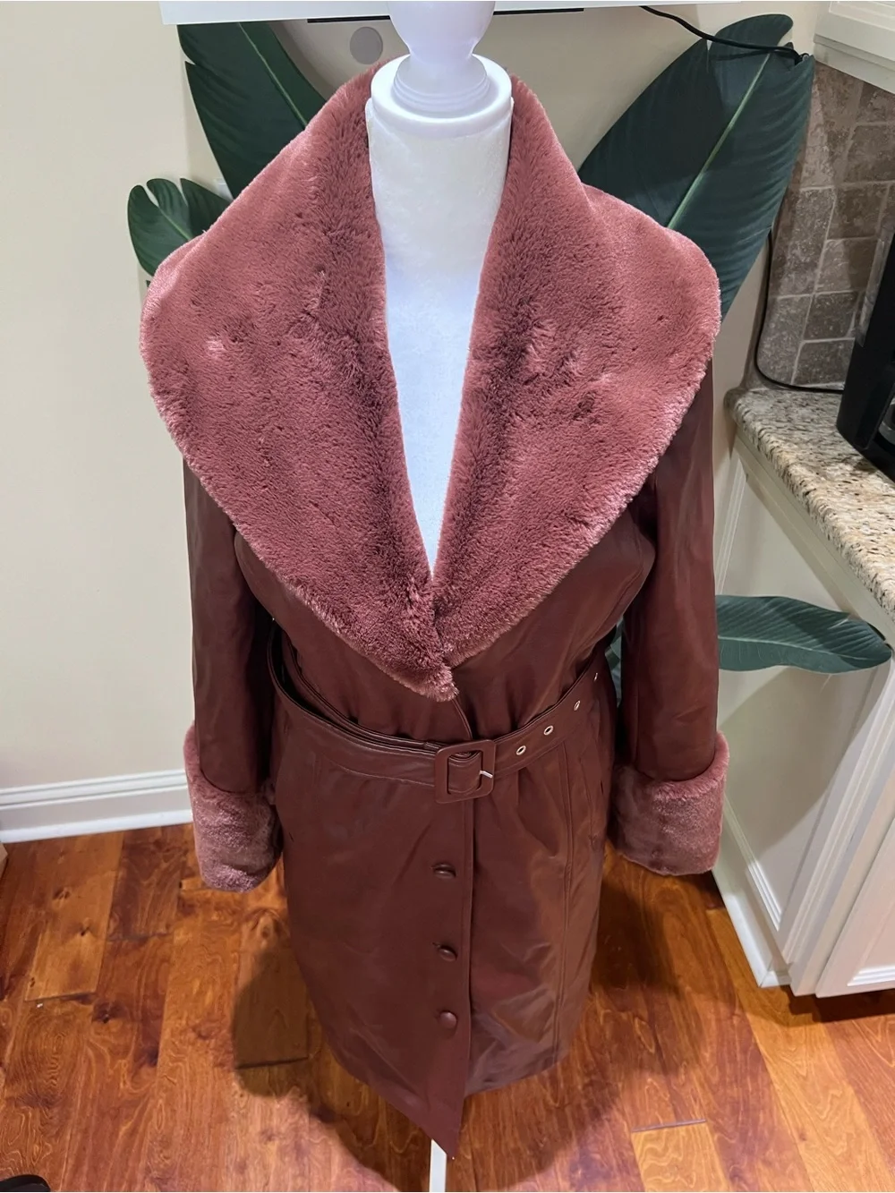 Avec Les Filles Rich Chestnut Faux Leather Jacket with Faux Fur Trim Medium - Picture 4 of 12
